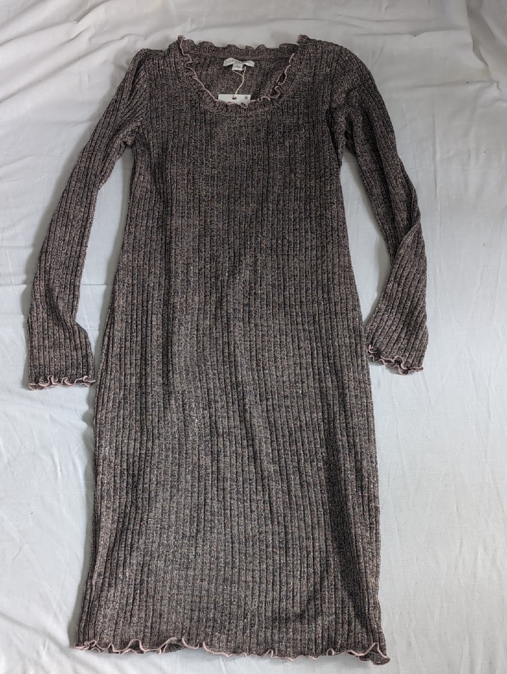 Chelsea & Violet Heathered Brown Gold Shimmer Long Sleeve Ribbed Knit Dress